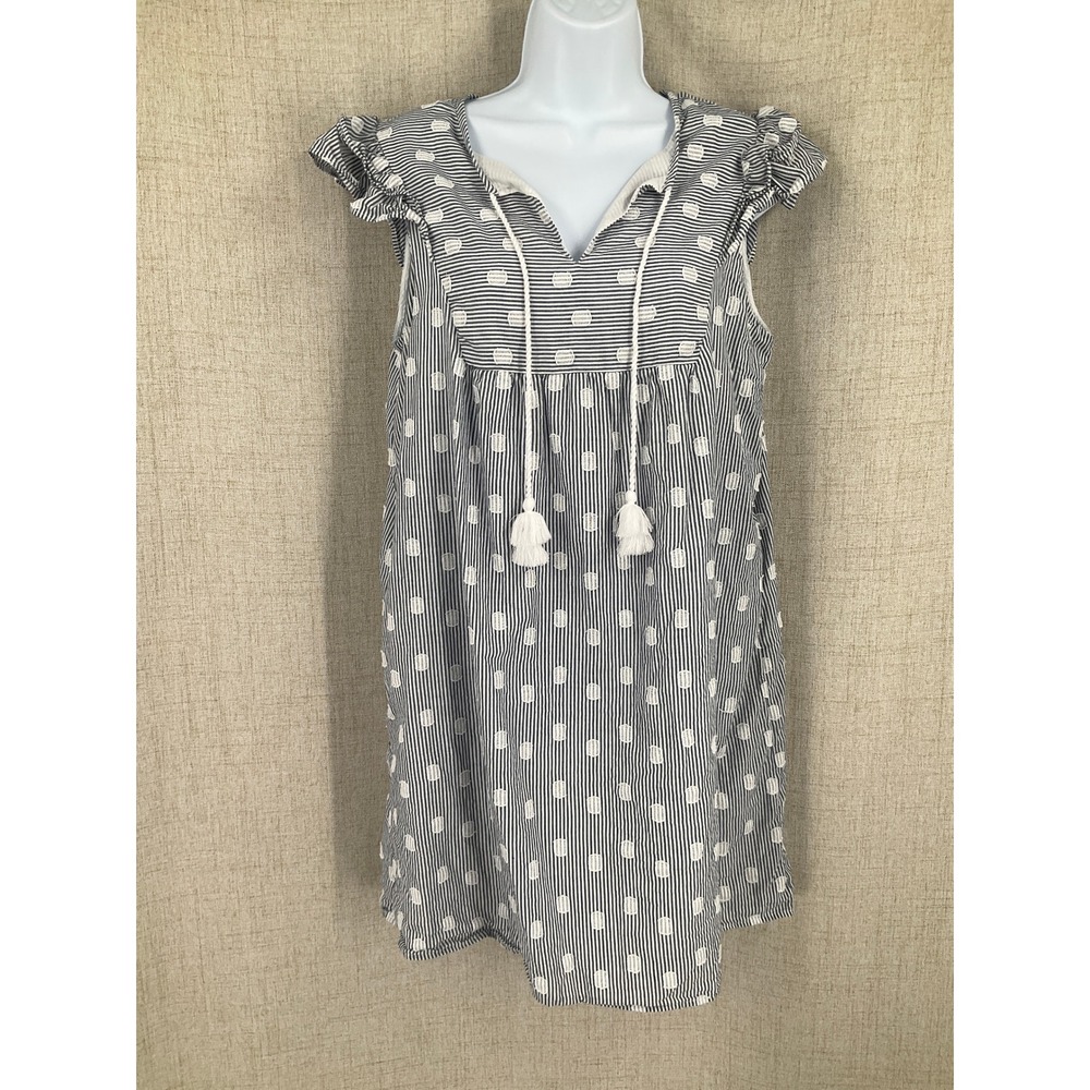 LOFT Dress Womens MP Blue White Cotton Striped Clip Dot Tassel Boho Coastal